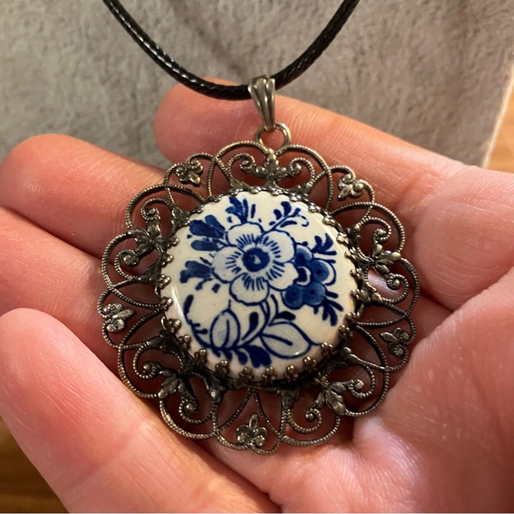 Jewelry - Vintage Delft Blue White Floral Porcelain Sterling Pendant